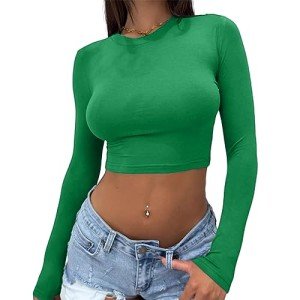 Abardsion Women's Sexy Long Sleeve Crop Top 2024 Crew Neck Basic Fitted Tight Cropped T Shirts(Green, S)