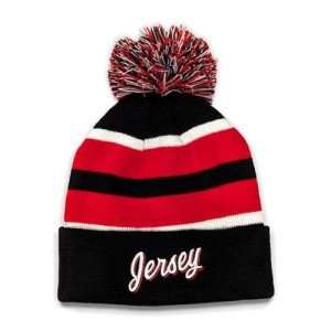 Jersey Hockey Beanie Hat - Alternate Black and Red Color with Pom Pom and Emboidered 3D Puff Script Comfortable and Fun Fan Gift.