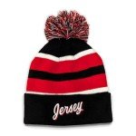 Jersey Hockey Beanie Hat - Alternate Black and Red Color with Pom Pom and Emboidered 3D Puff Script Comfortable and Fun Fan Gift.