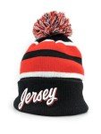 Jersey Hockey Beanie Hat - Alternate Black and Red Color with Pom Pom and Emboidered 3D Puff Script Comfortable and Fun Fan Gift.