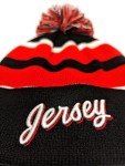 Jersey Hockey Beanie Hat - Alternate Black and Red Color with Pom Pom and Emboidered 3D Puff Script Comfortable and Fun Fan Gift.