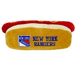 Pets First NHL New York Rangers HOT Dog Plush Dog & CAT Squeak Toy - Cutest HOT-Dog Snack Plush Toy for Dogs & Cats with Inner Squeaker & Beautiful Hockey Team Name/Logo 8 x 5 x 3 Inches