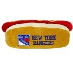 Pets First NHL New York Rangers HOT Dog Plush Dog & CAT Squeak Toy - Cutest HOT-Dog Snack Plush Toy for Dogs & Cats with Inner Squeaker & Beautiful Hockey Team Name/Logo 8 x 5 x 3 Inches