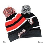 Jersey Hockey Beanie Hat - Alternate Black and Red Color with Pom Pom and Emboidered 3D Puff Script Comfortable and Fun Fan Gift.