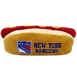 Pets First NHL New York Rangers HOT Dog Plush Dog & CAT Squeak Toy - Cutest HOT-Dog Snack Plush Toy for Dogs & Cats with Inner Squeaker & Beautiful Hockey Team Name/Logo 8 x 5 x 3 Inches