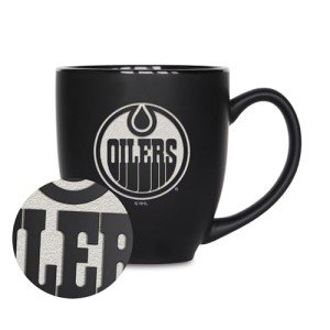 Rico Industries NHL Hockey Edmonton Oilers 15oz Laser Engraved Matte Black Ceramic Bistro Mug - For Hot or Cold Drinks