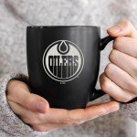 Rico Industries NHL Hockey Edmonton Oilers 15oz Laser Engraved Matte Black Ceramic Bistro Mug - For Hot or Cold Drinks