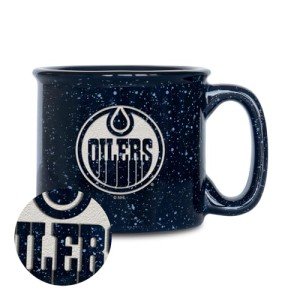 Rico Industries NHL Hockey Edmonton Oilers Navy Speckle 12oz Laser Engraved Campfire Mug