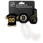 BEST PLUSH CAT TOY: NHL BOSTON BRUINS Complete Set of 3 piece Cat Toys filled with Fresh Catnip. Includes: 1 Jersey Cat Toy, 1 Hockey Puck Cat Toy with Feathers & 1 #1 Fan Cat Toy. Beautiful Team LOGO