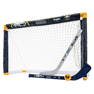 Franklin Sports Buffalo Sabres Mini Hockey Set - Knee Hockey Goal, Ball, & 2 Hockey Stick Combo Set - Mini Goal Net - NHL Official Hockey Set, 28" x 20" x 12"