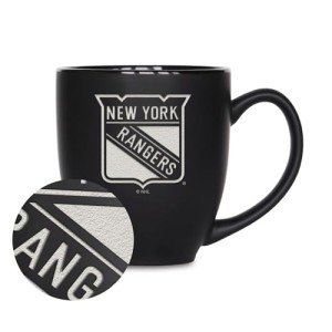 Rico Industries NHL Hockey New York Rangers 15oz Laser Engraved Matte Black Ceramic Bistro Mug - For Hot or Cold Drinks