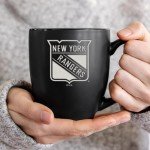 Rico Industries NHL Hockey New York Rangers 15oz Laser Engraved Matte Black Ceramic Bistro Mug - For Hot or Cold Drinks