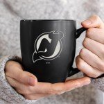 Rico Industries NHL Hockey New Jersey Devils 15oz Laser Engraved Matte Black Ceramic Bistro Mug - For Hot or Cold Drinks