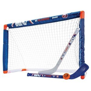 Franklin Sports New York Islanders Mini Hockey Set - Knee Hockey Goal, Ball, & 2 Hockey Stick Combo Set - Mini Goal Net - NHL Official Hockey Set , 28" x 20" x 12"
