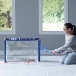 Franklin Sports New York Islanders Mini Hockey Set - Knee Hockey Goal, Ball, & 2 Hockey Stick Combo Set - Mini Goal Net - NHL Official Hockey Set , 28" x 20" x 12"