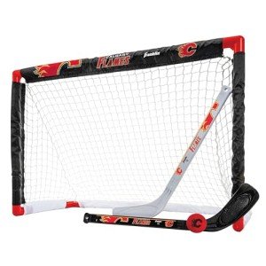 Franklin Sports NHL Calgary Flames Mini Hockey Set - Kids Indoor Knee Hockey Goal, Ball, + 2 Mini Hockey Stick Combo Set - Youth NHL Team Indoor Toy Knee Hockey Sets - NHL Official - Ages 3+