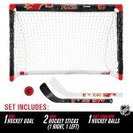 Franklin Sports NHL Calgary Flames Mini Hockey Set - Kids Indoor Knee Hockey Goal, Ball, + 2 Mini Hockey Stick Combo Set - Youth NHL Team Indoor Toy Knee Hockey Sets - NHL Official - Ages 3+