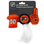 BEST PLUSH CAT TOY NHL PHILADELPHIA FLYERS Complete Set of 3 piece Cat Toys filled with Fresh Catnip. Includes: 1 Jersey Cat Toy, 1 Hockey Puck Cat Toy with Feathers & 1 #1 Fan Cat Toy. With Team LOGO