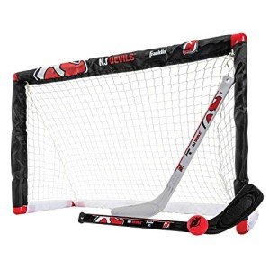Franklin Sports New Jersey Devils Mini Hockey Set - Knee Hockey Goal, Ball, & 2 Hockey Stick Combo Set - Mini Goal Net - NHL Official Hockey Set , 28" x 20" x 12"