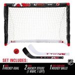 Franklin Sports New Jersey Devils Mini Hockey Set - Knee Hockey Goal, Ball, & 2 Hockey Stick Combo Set - Mini Goal Net - NHL Official Hockey Set , 28" x 20" x 12"