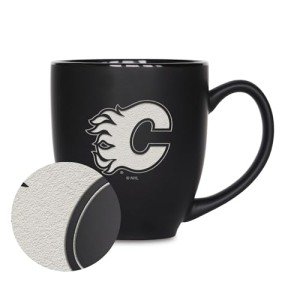 Rico Industries NHL Hockey Calgary Flames 15oz Laser Engraved Matte Black Ceramic Bistro Mug - For Hot or Cold Drinks