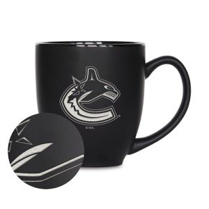 Rico Industries NHL Hockey Vancouver Canucks 15oz Laser Engraved Matte Black Ceramic Bistro Mug - For Hot or Cold Drinks