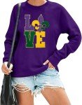 FASHGL Mardi Gras Sweatshirt Women Carnival Glitter Patch Shirt Saints New Orleans Pullover Mardi Gras Day Tee Tops Purple
