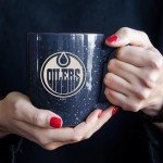 Rico Industries NHL Hockey Edmonton Oilers Navy 16 oz Team Color Laser Engraved Speckled Ceramic Coffee Mug