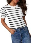 HAEOF Women's 2025 Summer Short Puff Sleeve Knit Tops Trendy Crewneck Striped Shirts Dressy Casual Blouses(White, S)