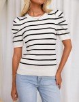 HAEOF Women's 2025 Summer Short Puff Sleeve Knit Tops Trendy Crewneck Striped Shirts Dressy Casual Blouses(White, S)