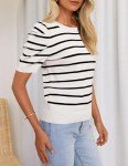 HAEOF Women's 2025 Summer Short Puff Sleeve Knit Tops Trendy Crewneck Striped Shirts Dressy Casual Blouses(White, S)