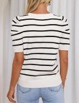 HAEOF Women's 2025 Summer Short Puff Sleeve Knit Tops Trendy Crewneck Striped Shirts Dressy Casual Blouses(White, S)