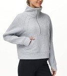 THE GYM PEOPLE Women's Half Zip Pullover Sweatshirt Fleece Stand Collar Crop Sweatshirt with Pockets Thumb Hole Grey