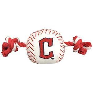 Pets First MLB Cleveland Guardians Nylon Baseball Toy with Tug Ropes for Dogs & Cats. Tough Nylon, Sporty Baseball Design, Heavy-Duty Ropes with Inner Squeaker