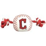 Pets First MLB Cleveland Guardians Nylon Baseball Toy with Tug Ropes for Dogs & Cats. Tough Nylon, Sporty Baseball Design, Heavy-Duty Ropes with Inner Squeaker