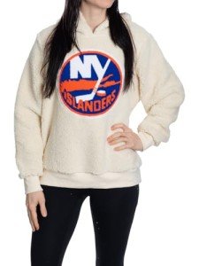 Calhoun NHL Surf & Skate Women's Premium Sherpa Pullover Hoodie with Chenille Team Logo (New York Islanders, Medium)