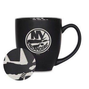 Rico Industries NHL Hockey New York Islanders 15oz Laser Engraved Matte Black Ceramic Bistro Mug - For Hot or Cold Drinks