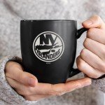 Rico Industries NHL Hockey New York Islanders 15oz Laser Engraved Matte Black Ceramic Bistro Mug - For Hot or Cold Drinks