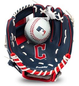 Franklin Sports MLB Youth Tee Ball Glove and Ball Set - Kids Cleveland Guardians Baseball and Tee Ball Glove and Ball - Perfect First Kids Glove - 9.5", Orange/Black