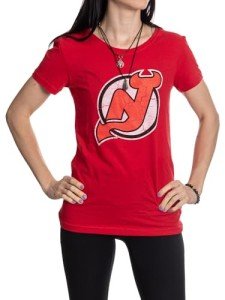 Calhoun NHL Surf & Skate Women's Distressed Print Fitted Crew Neck Premium T-Shirt (New Jersey Devils, Large)