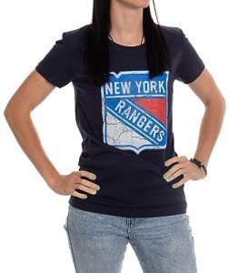 Calhoun NHL Surf & Skate Women's Distressed Print Fitted Crew Neck Premium T-Shirt (New York Rangers, Large)
