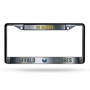 Rico Industries Buffalo Sabres NHL Premium Zinc Alloy License Plate Frame - 2 Screw Hole Tag Holder - Team Cheer with Black Background and Team Colors Complement Any Color Truck, SUV, Car