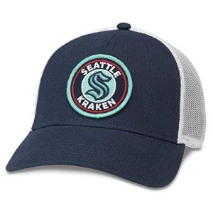 AMERICAN NEEDLE Seattle Kraken NHL Valin Adjustable Snapback Trucker Baseball Hat, White/Navy (42962C-SEK-WHNV)
