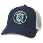 AMERICAN NEEDLE Seattle Kraken NHL Valin Adjustable Snapback Trucker Baseball Hat, White/Navy (42962C-SEK-WHNV)