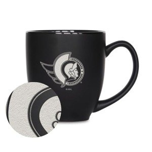 Rico Industries NHL Hockey Ottawa Senators 15oz Laser Engraved Matte Black Ceramic Bistro Mug - For Hot or Cold Drinks