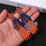 Star Earrings Beaded Tassel Earrings Handmade Star Fringe Drop Dangle Earrings for Women Bohemian Waterfall Earrings Cowboys Game Day Costume Accessory Gift