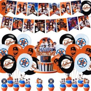 PINUO Astros Baseball Party Supplies: Banner, Cake Toppers, Balloons for Baseball Team Party Decorations