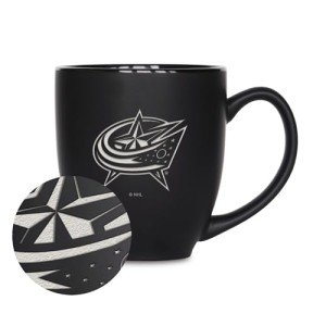Rico Industries NHL Hockey Columbus Blue Jackets 15oz Laser Engraved Matte Black Ceramic Bistro Mug - For Hot or Cold Drinks