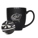 Rico Industries NHL Hockey Columbus Blue Jackets 15oz Laser Engraved Matte Black Ceramic Bistro Mug - For Hot or Cold Drinks