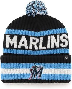 47 MLB Unisex-Adult Officially Licensed Primary Logo Bering Sport Knit Cuffed Pom Beanie Cold Weather Hat - Miami Marlins Black